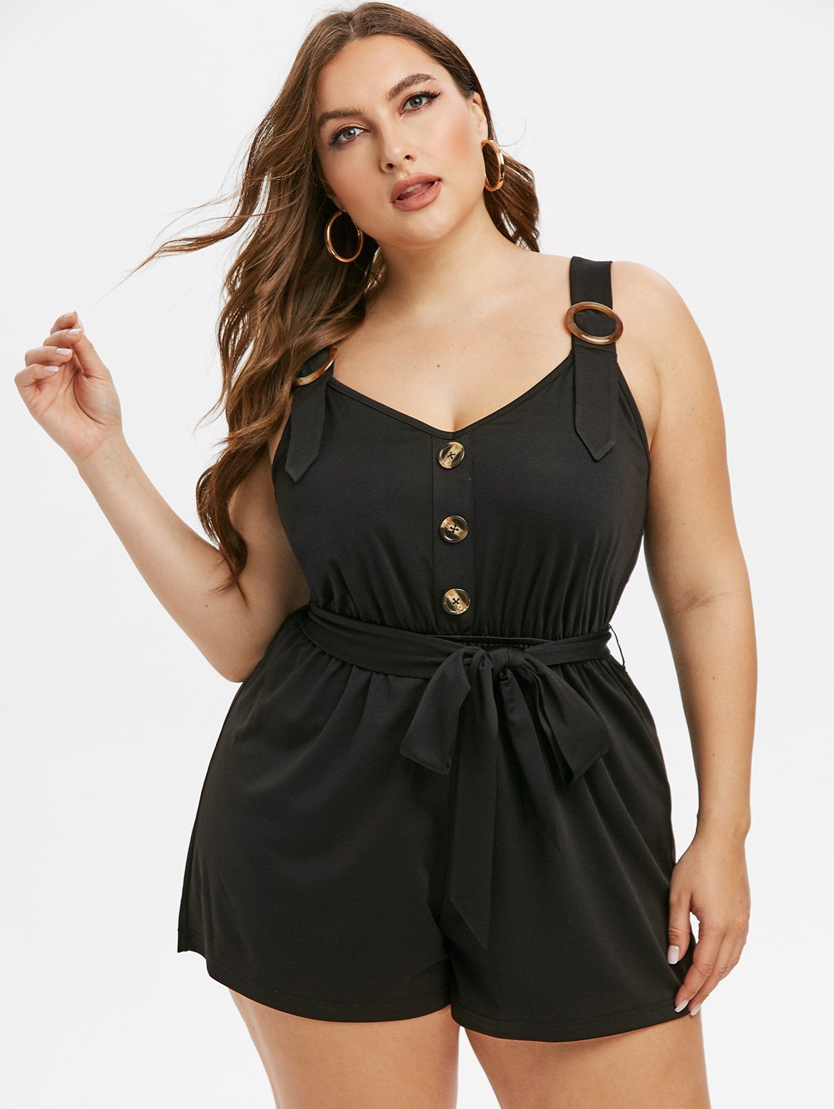 [32% OFF] 2021 Plus Size Buttoned Sweetheart Neck Belted Romper In ...
