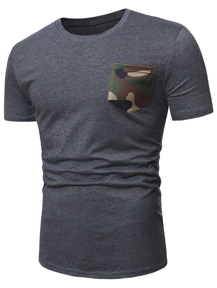 T-Shirt Décontracté Camouflage avec Poche à Manches Courtes - Gris S