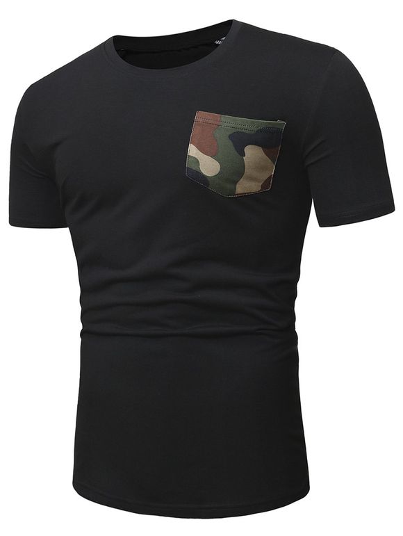 T-Shirt Décontracté Camouflage avec Poche à Manches Courtes - Noir 2XL