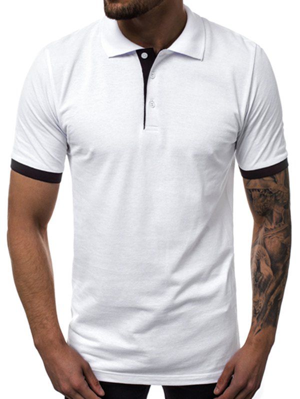 Contrast Trim Turn Down Collar Casual T Shirt - WHITE S