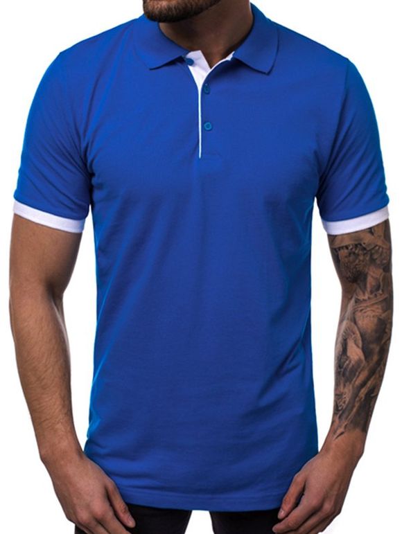 T-shirt Décontracté Ourlet Contrasté à Col Relevé - Bleu 2XL