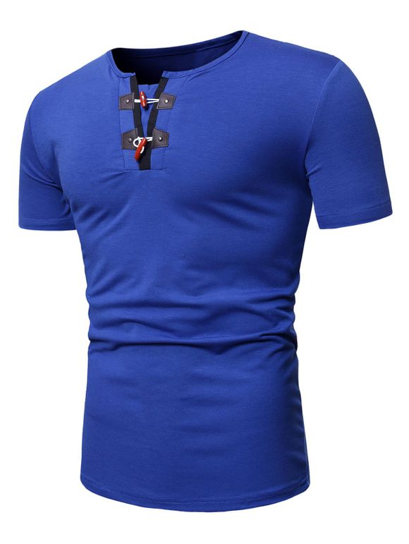 T-shirt Décontracté Manches Courtes à Demi-Bouton Corne - Bleu Cobalt 3XL