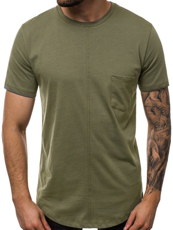 T-Shirt Simple à Manches Courtes à Col Rond avec Poche - Vert S