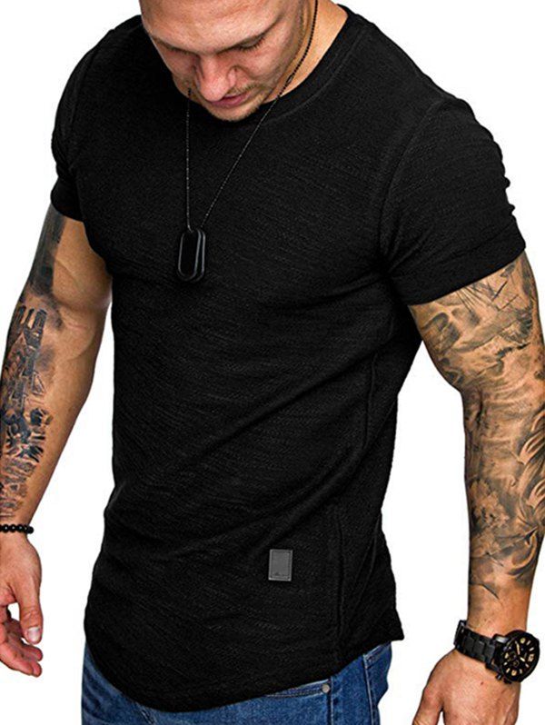 

Pure Color Short Sleeve Curved T Shirt, Black