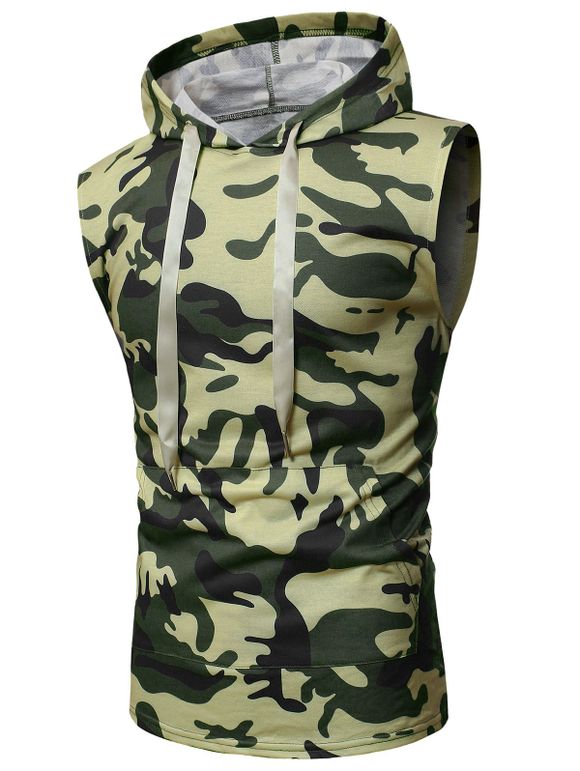Débardeur à Capuche Camouflage Imprimé Zippé au Dos - Vert Armée XL
