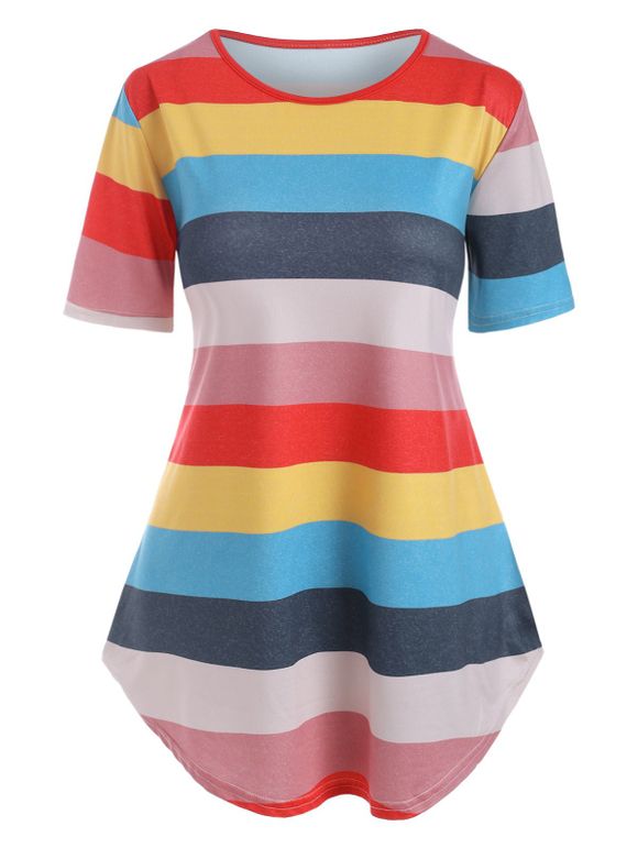 T-shirt Rayé Coloré à Ourlet Courbe - multicolor S