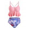 Maillot de Bain Tankini Péplum Fleuri de Grande Taille à Ourlet Chiné - Rose 3X