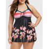 Maillot de Bain Sanglé Fleur Imprimée de Grande Taille à Col Halter - Noir 5X