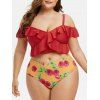 Maillot de Bain Fleuri de Grande Taille à Volants Deux Pièces - Rouge 4X