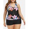 Maillot de Bain Tankini Fleuri Imprimé Ouvert au Dos de Grande Taille à Col Halter - Noir L