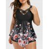 Maillot de Bain Tankini Rembourré Fleuri Imprimé à Bretelle de Grande Taille - Noir 1X
