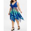 Plus Size Plunge Feather Print Handkerchief Dress - BLUE 1X