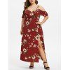 Robe Fleurie Imprimée Fendue à Epaule Dénudée de Grande Taille à Volants - Rouge Vineux 1X