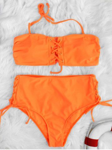 Lace Up High Waisted Halter Tie Bikini Swimwear