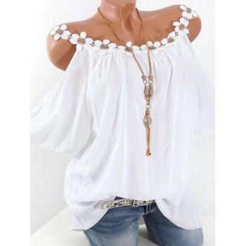 

Plus Size Cold Shoulder Lace Applique T Shirt, White