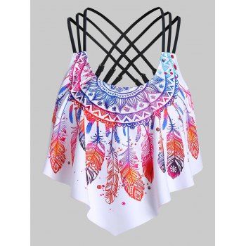 

Feather Print Strappy Padded Swim Top, Multicolor