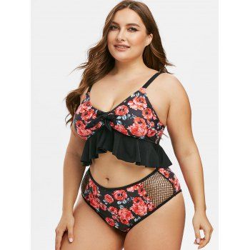 

Plus Size Floral Print Flounce Tankini Swimwear, Black