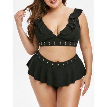 

Grommets Ruffle Ribbed Plus Size Tankini Swimsuit, Black
