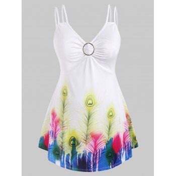 

Feather Printed O Ring Ruched Plus Size Tank Top, White