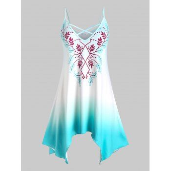 

Plus Size Leaves Print Ombre Color Handkerchief Tank Top, Turquoise