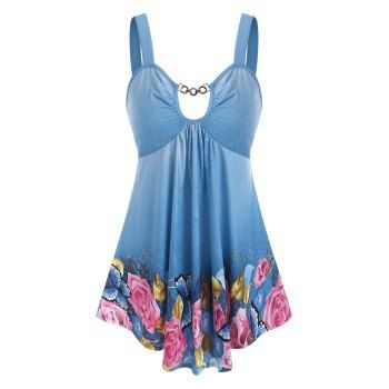 

Chain Cut Out Butterfly Floral Print Tank Top, Denim blue