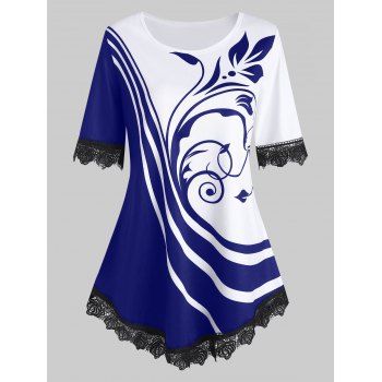 

Plus Size Floral Print Colorblock T Shirt, Blue