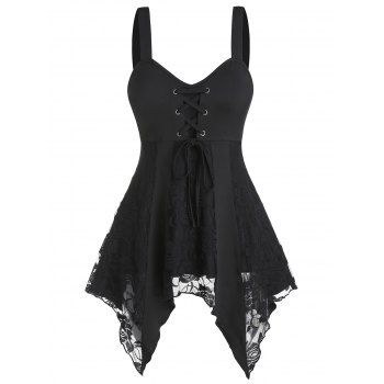 

Lace Up Lace Panel Asymmetrical Cami Tank Top, Black