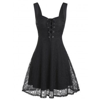 

Sleeveless Lace-up Skull Lace Dress, Black