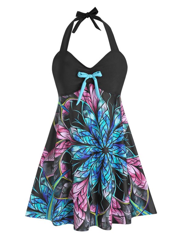 Plus Size Halter Flower Print Tankini Swimwear - BLACK 3X