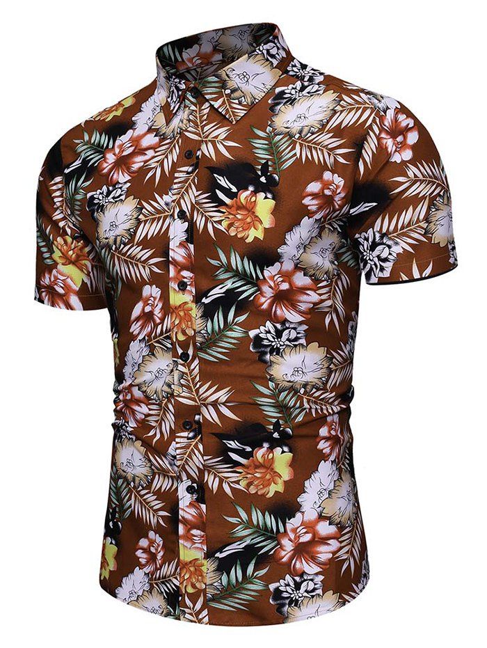Floral Tropical Print Short Sleeves Shirt - TAN L