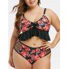 Maillot de Bain Tankini Fleuri Imprimé à Volants de Grande Taille - Noir L