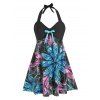 Plus Size Halter Flower Print Tankini Swimwear - BLACK 3X