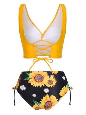 Floral Print Lace Up Plunging Neck Tankini Swimwear