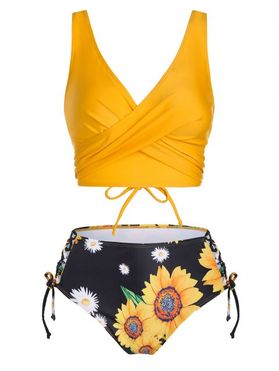 Bright Swimsuit Sunflower Floral Print Crossover Lace Up Plunging Neck Tankini Swimwear