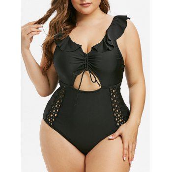 

Plus Size Ruffled Cinched Cutout One-piece Swimsuit, Black