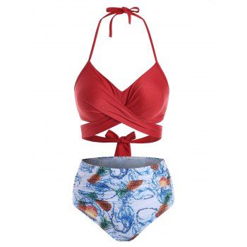 Women Flower Bird Pineapple Criss Cross Halter Tummy Control Bikini Swimwear Swimsuit M Red
