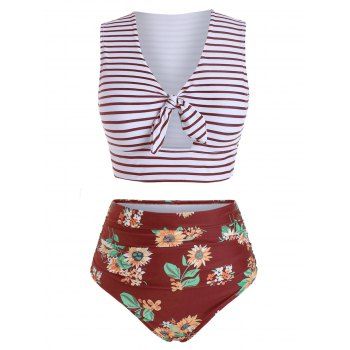 Striped Floral Knotted Two Piece Swimsuit