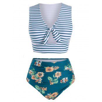 

Striped Floral Knotted Two Piece Swimsuit, Peacock blue