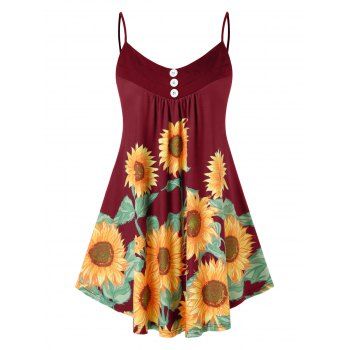 

Plus Size Sunflower Print Spaghetti Strap Tank Top, Red wine