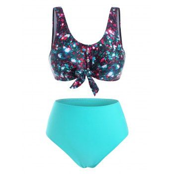 

Sequin Print Tie Front Buttoned Bikini Swimwear, Blue zircon