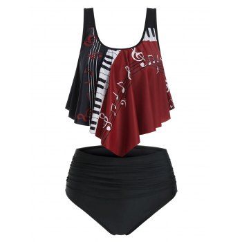 

Music Note Print Ruched Padded Tankini Swimwear, Black