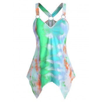 

Plus Size Tie Dye O Ring Hanky Hem Tank Top, Aquamarine