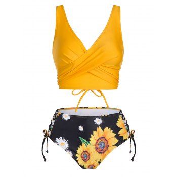Bright Swimsuit Sunflower Floral Print Crossover Lace Up Plunging Neck Tankini Swimwear