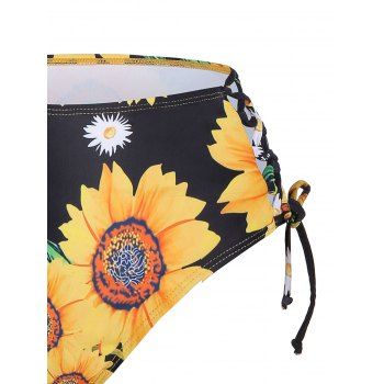 Buy Bright Swimsuit Sunflower Floral Print Crossover Lace Up Plunging Neck Tankini Swimwear. Picture
