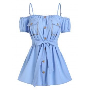 

Flat Pocket Button Through Belted Blouse, Deep sky blue