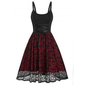 

Skull Lace Panel Lace-up Sleeveless Dress, Black