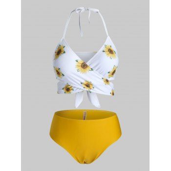

Plus Size Halter Sunflower Print Wrap Tankini Set, Multicolor