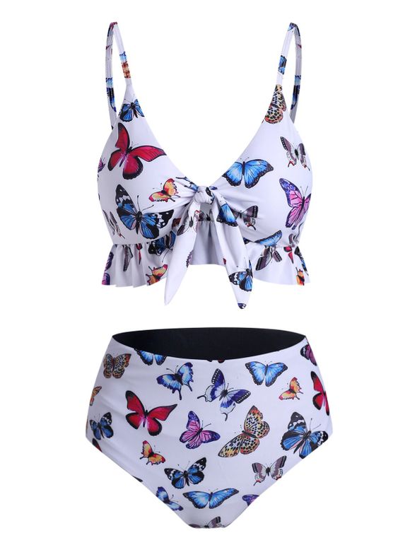 Maillot de Bain Bikini Réversible Imprimé Papillon à Volants - Blanc L