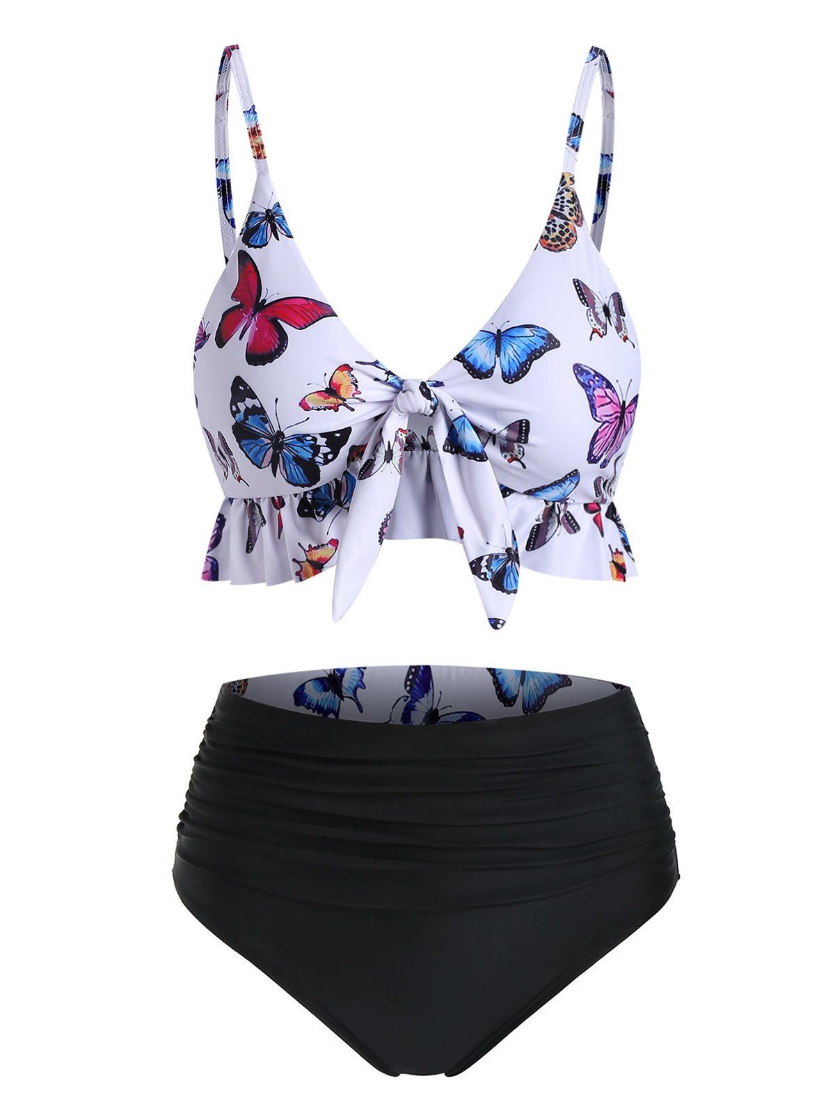 [12% OFF] 2020 Butterfly Print Ruffle Ruched Reversible Bikini Swimwear ...