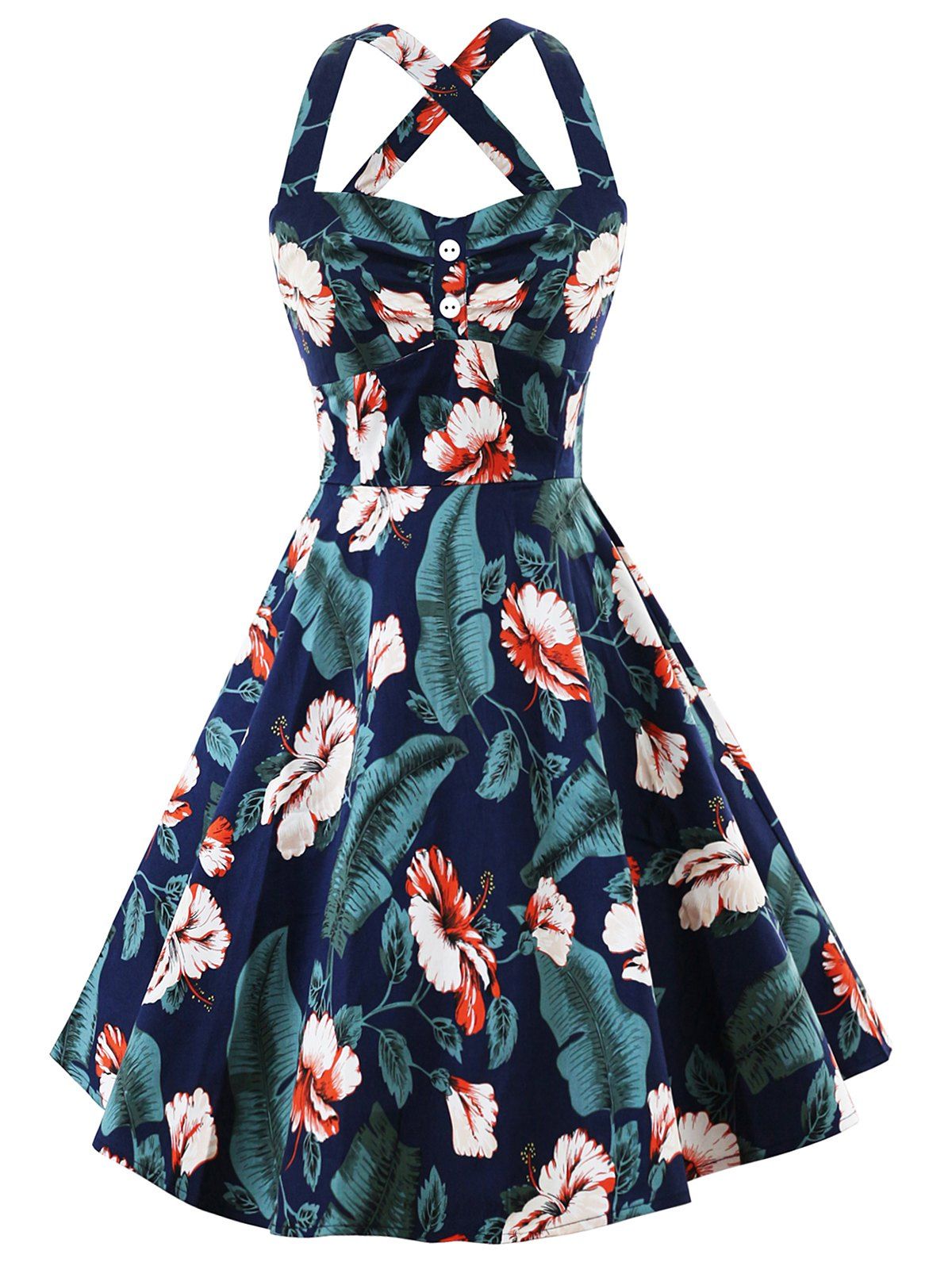 Cross Back Flower Print Vintage Dress - DENIM DARK BLUE S